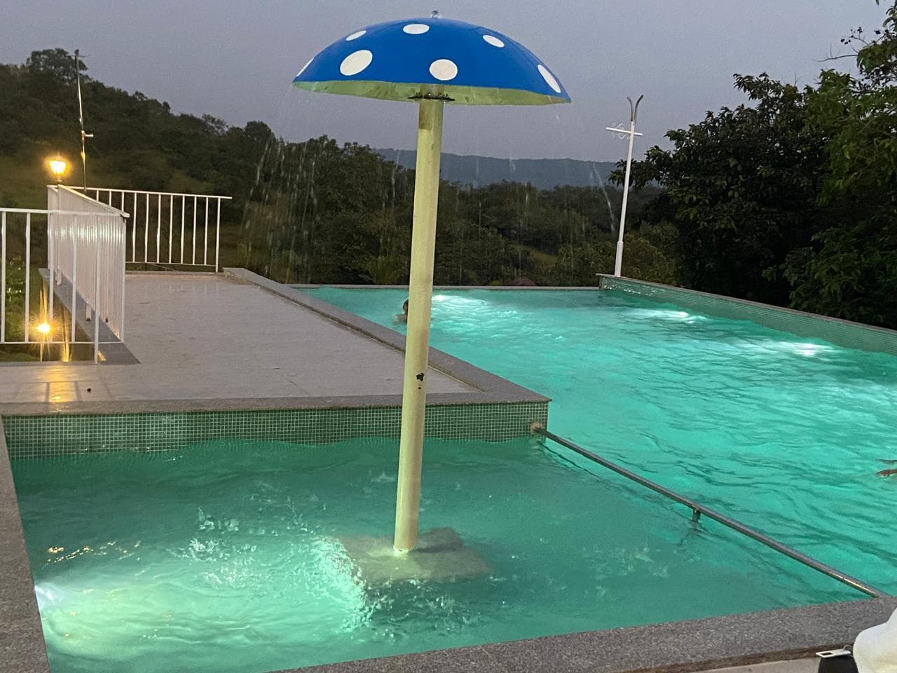 Infinity pool with mushroom fountain at dusk
